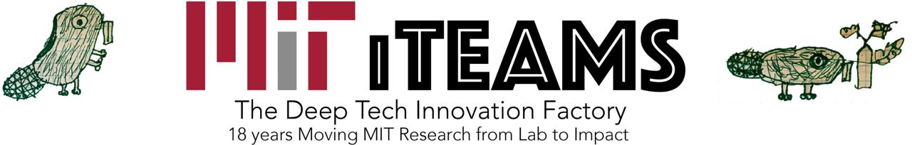 iTeams logo with hand-drawn pictures of Tim the beaver bookending the text "MIT iTeams, The Deep Tech Innovation Factory; 18 years Moving MIT Research from Lab to Imapact."